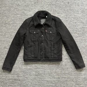 Levis Premium Denim Trucker Jacket Women M Sherpa Lined Big E Black Pockets